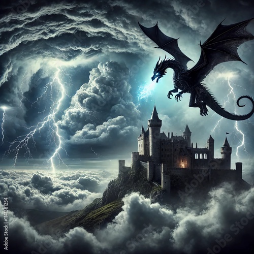 Stormy Castle and Majestic Black Dragon