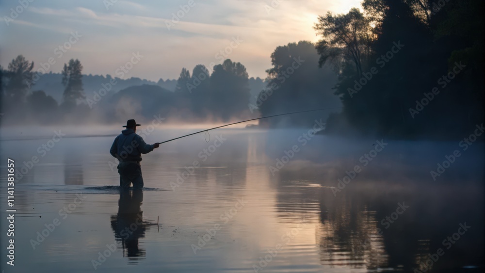 A Fisherman Casting His Line in a Foggy River at Sunrise A Fisherman Casting His Line in a Foggy River at Sunrise