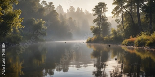Early morning mist rising over a peaceful river as an angler casts his line into the water, outdoor scene, nature
