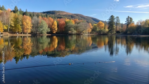 Calm Lake Reflecting Autumn Colors and a Hillside Forest