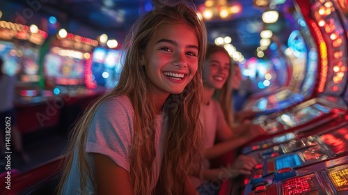 Wallpaper Mural Two young girls enjoying arcade games in a colorful, vibrant gaming environment. Torontodigital.ca