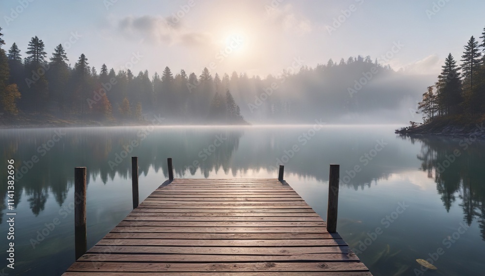 Fog rolling over a calm lake with wooden dock, still, roll Fog rolling over a calm lake with wooden dock, still, roll
