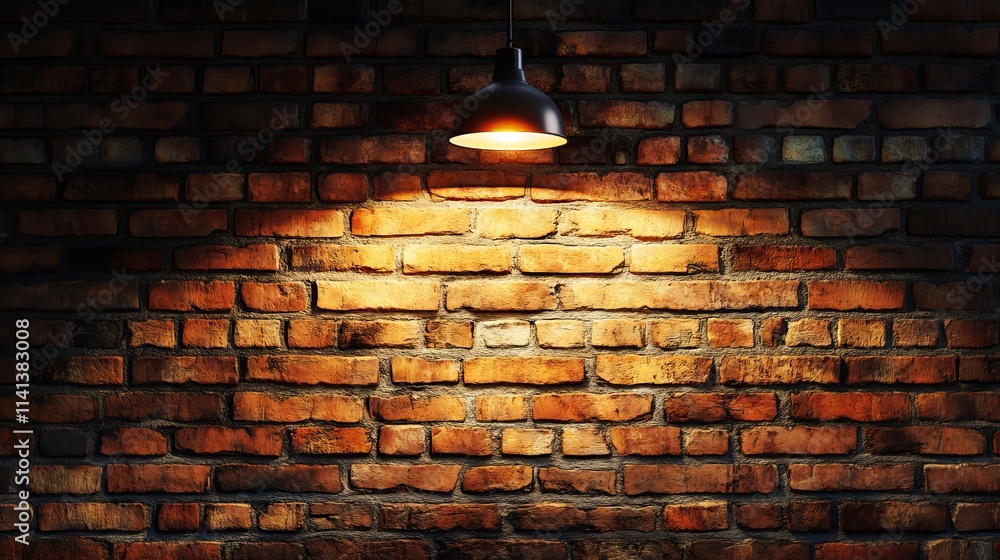 Bright hanging spotlight illuminating a brick wall with empty copy space for text Bright hanging spotlight illuminating a brick wall with empty copy space for text
