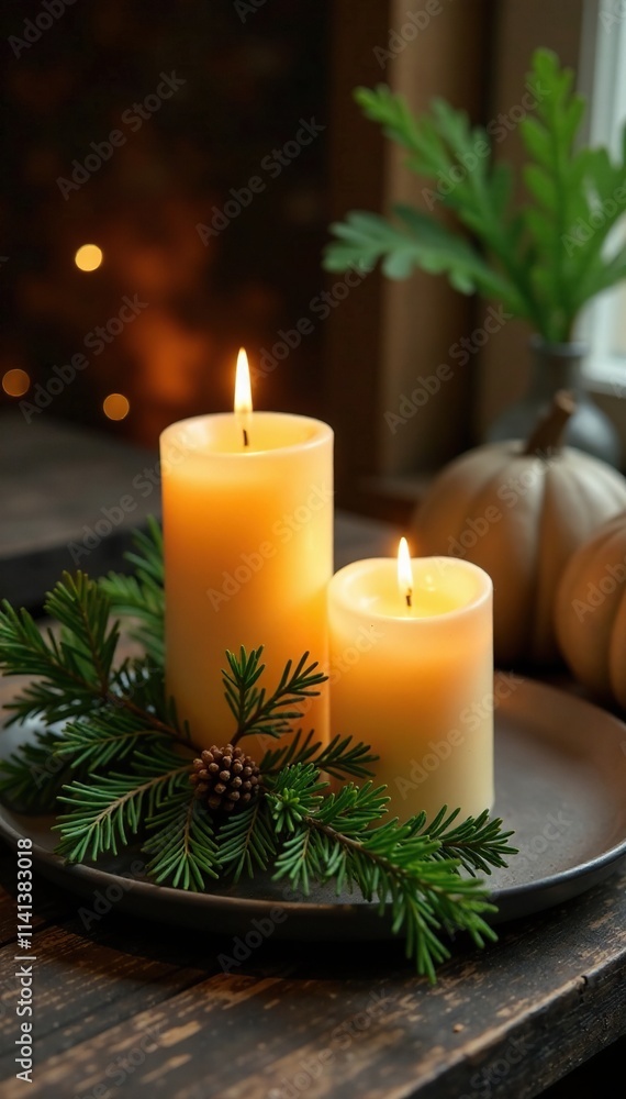 Fragrant evergreen candles on rustic wooden table, warm glow, autumnal Fragrant evergreen candles on rustic wooden table, warm glow, autumnal