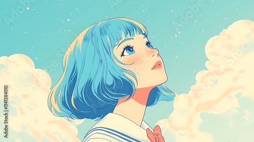 A cute anime Japanese girl with blue hair and a bob cut, looking up at the sky, wearing a school uniform,  photo