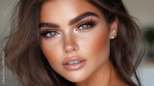 Close-up portrait of a woman with natural makeup and styled hair.