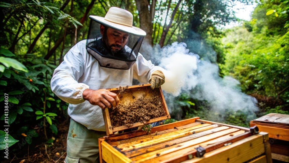 Beekeeper Inspecting Honeycomb in a Beehive