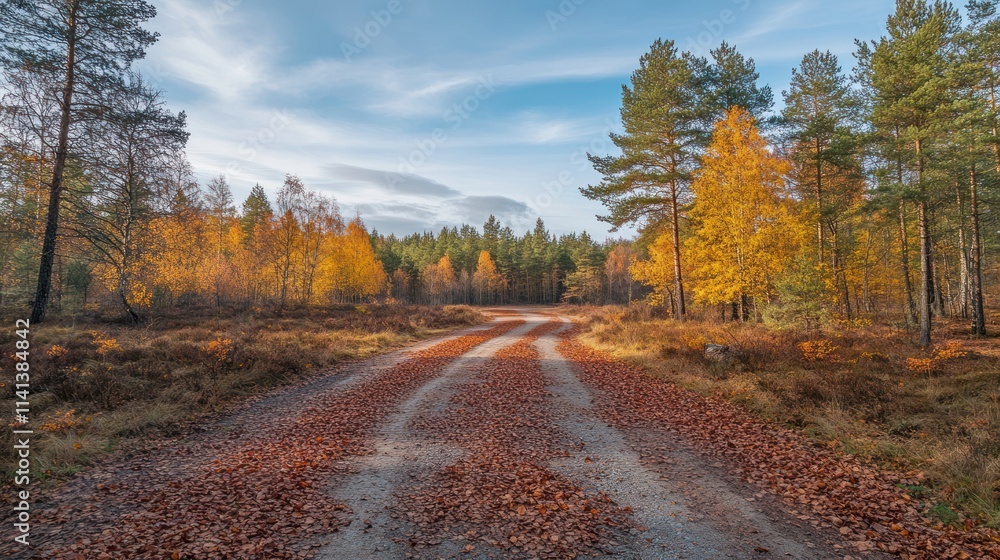 Autumnal Forest Road with Golden Leaves Autumnal Forest Road with Golden Leaves