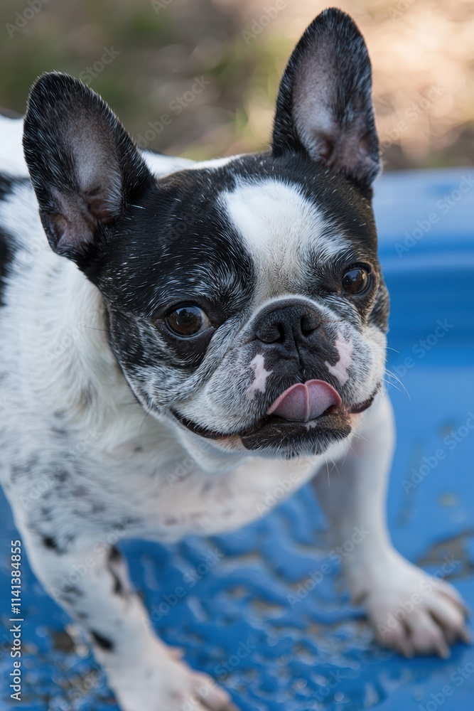 Playful French Bulldog with Unique Coat Pattern on Blue Surface Playful French Bulldog with Unique Coat Pattern on Blue Surface