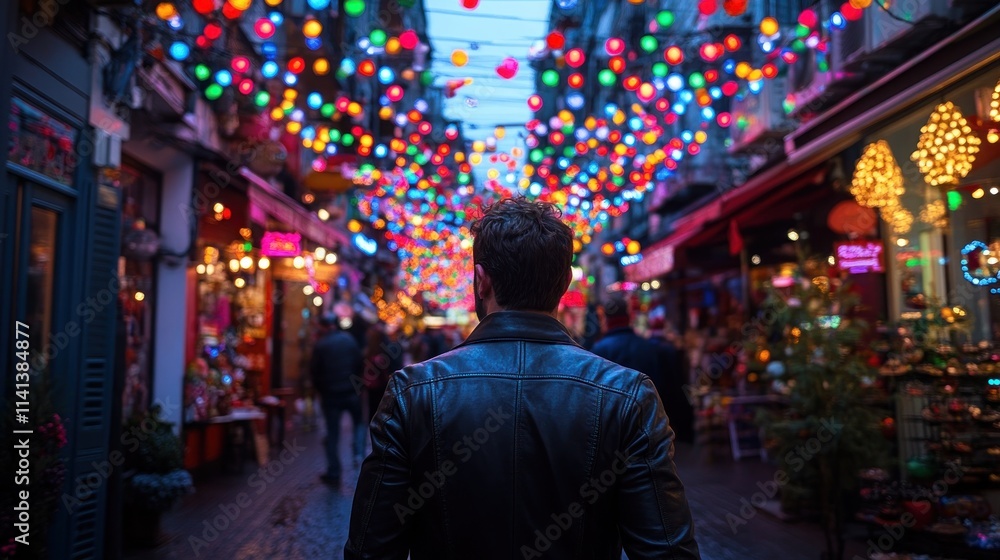 Man walks down vibrant, festive, decorated street. Man walks down vibrant, festive, decorated street.