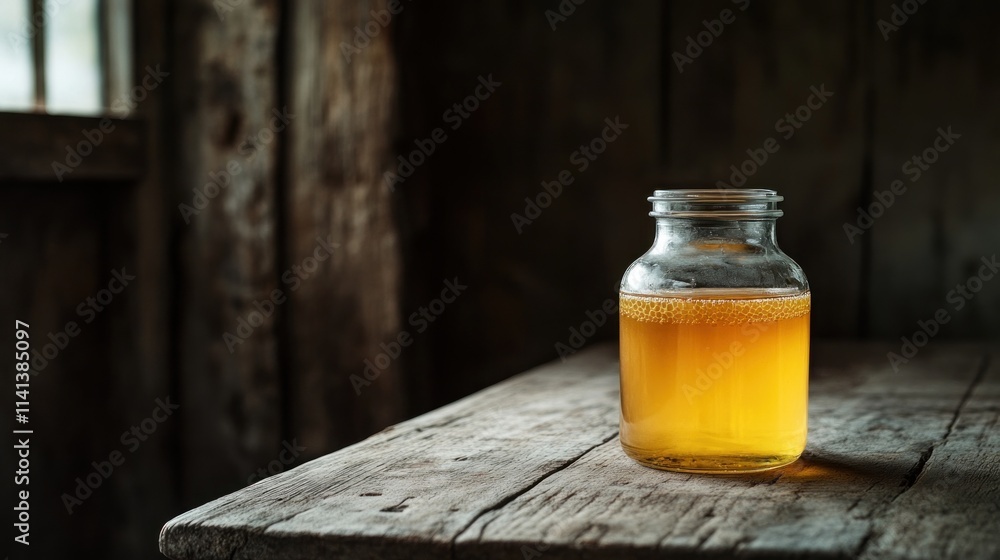Jar of golden liquid on wooden table, rustic setting. Jar of golden liquid on wooden table, rustic setting.
