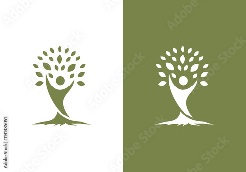 line art nature logo vector design of tree and man or person inside circle, abstract tree logo symbol inside circle	