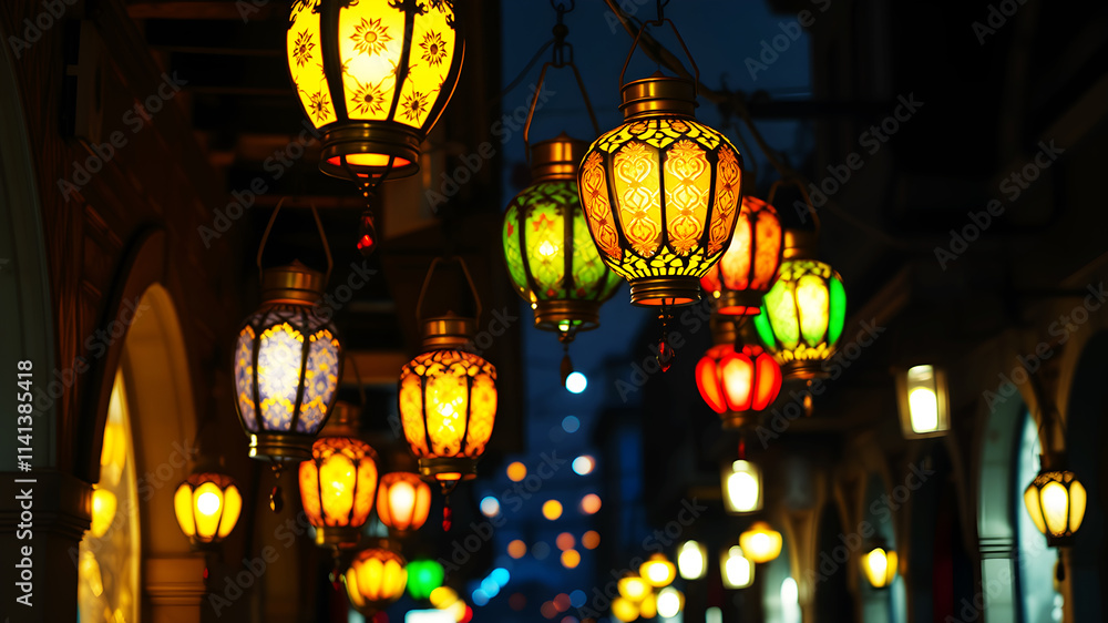 Fototapeta premium Hanging colorful lanterns glowing warmly in a traditional Arabian street during a festive Ramadan night.