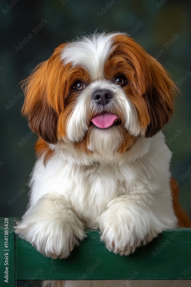 Charming Shih Tzu Sitting on a Green Surface with Playful Expression Charming Shih Tzu Sitting on a Green Surface with Playful Expression