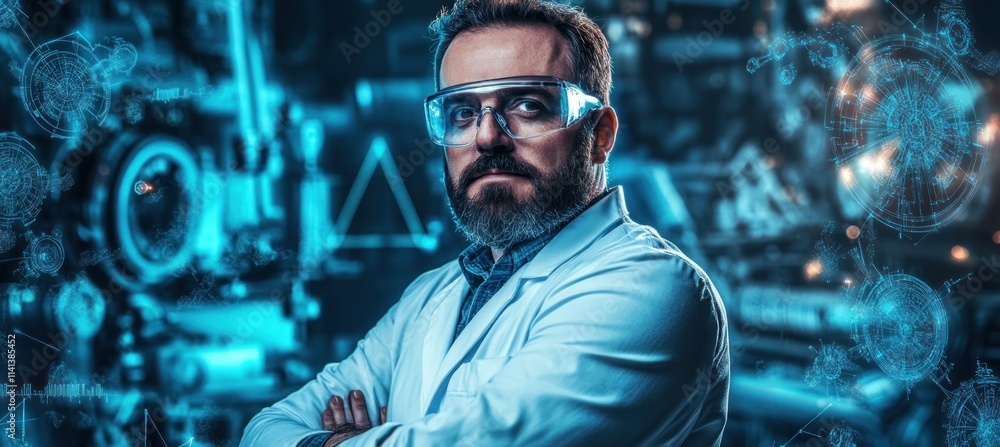 Scientist in lab with augmented reality overlay. Scientist in lab with augmented reality overlay.