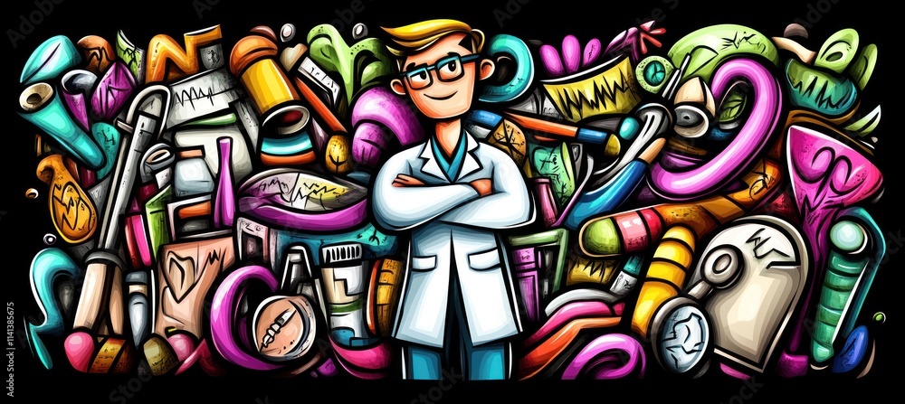 Obraz premium Doctor doodle art with medical supplies.