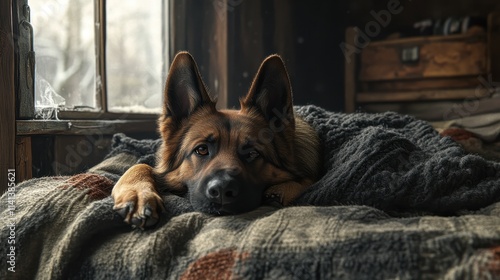 German Shepherd dog resting on a cozy blanket, near a window. Perfect for themes of comfort, loyalty, and companionship. photo