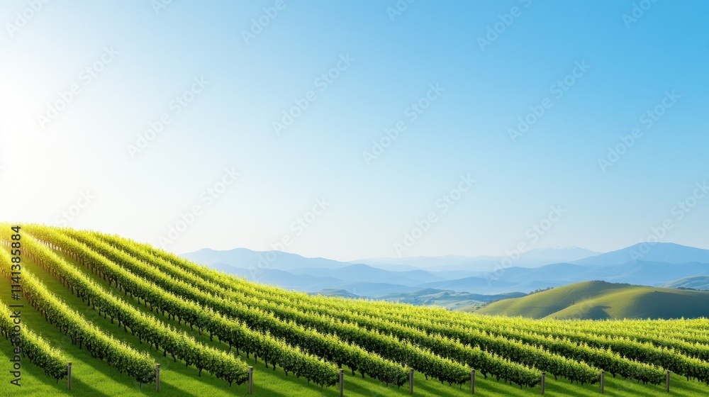 Obraz premium Lush vineyard landscape under a clear blue sky.