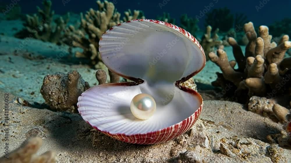 Close up of an open shell in which one pearl in it at the bottom of the ocean