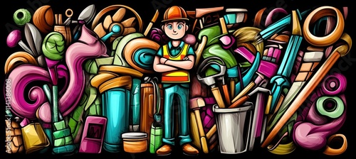 Cartoon worker surrounded by tools, colorful art on black. photo