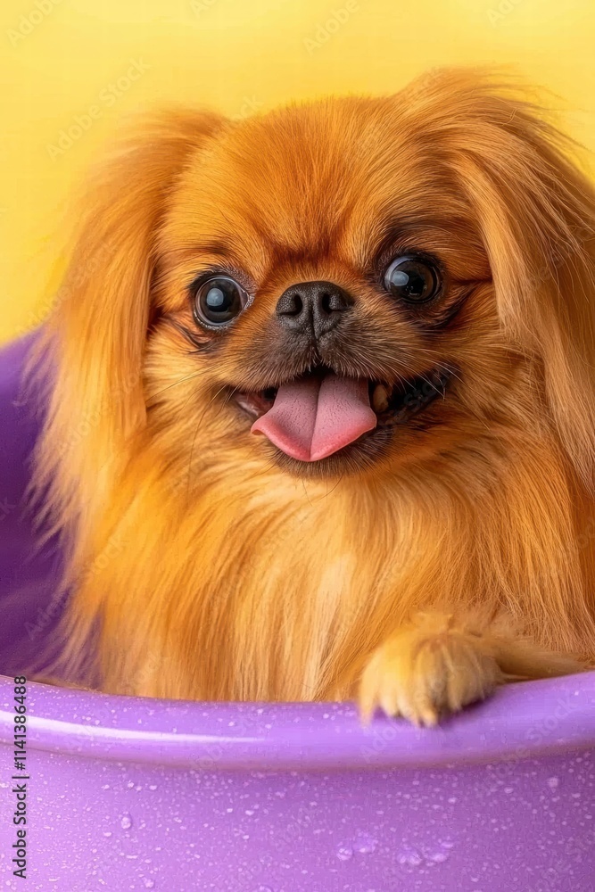 Cute Pekingese Dog Sitting in Colorful Bath with Playful Expression Cute Pekingese Dog Sitting in Colorful Bath with Playful Expression