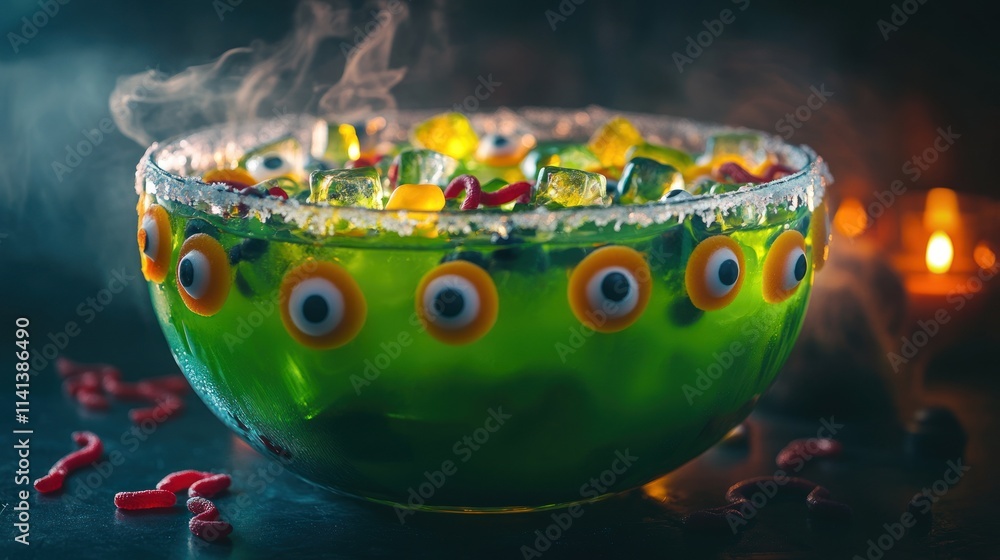 Steaming halloween punch bowl with candy eyes,worms and ice. Steaming halloween punch bowl with candy eyes,worms and ice.