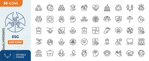 ESG, Environmental, Social, and Governance line editable icons set.