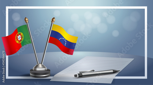 Portugal and Venezuela National flags on small table with bokeh background, cooperative relationship
