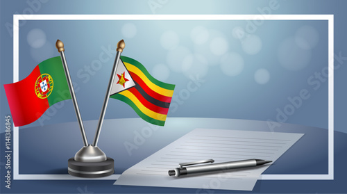 Portugal and Zimbabwe National flags on small table with bokeh background, cooperative relationship
