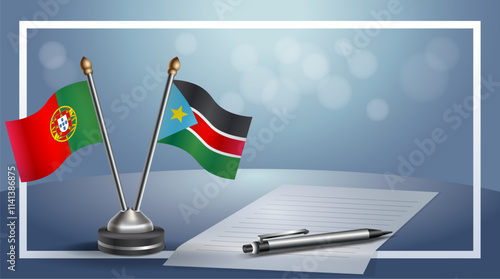 Portugal and Republic of North Sudan National flags on small table with bokeh background, cooperative relationship
