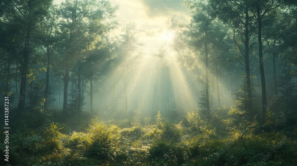 Sunbeams pierce misty, green forest. Sunbeams pierce misty, green forest.