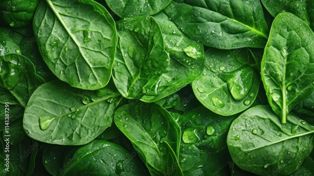 Fototapeta premium Fresh green spinach leaves with water drops.