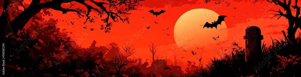 Eerie red halloween scene with bats flying over moonlit graveyard. Eerie red halloween scene with bats flying over moonlit graveyard.