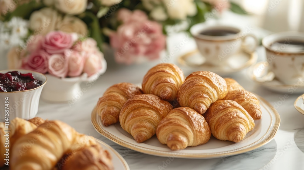 Freshly baked croissants on a plate with a cup of tea and flowers. A delicious breakfast or brunch scene. Freshly baked croissants on a plate with a cup of tea and flowers. A delicious breakfast or brunch scene.