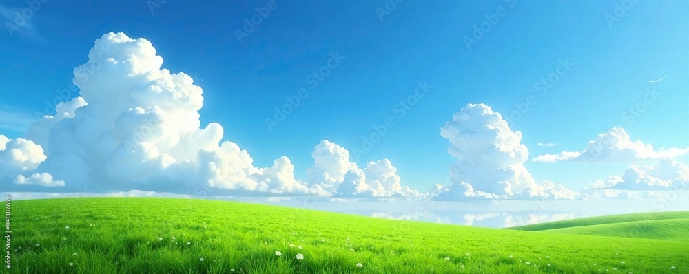 Limpido cielo azul con nubes blancas y un campo de trigo verde, paisaje, cielo Limpido cielo azul con nubes blancas y un campo de trigo verde, paisaje, cielo