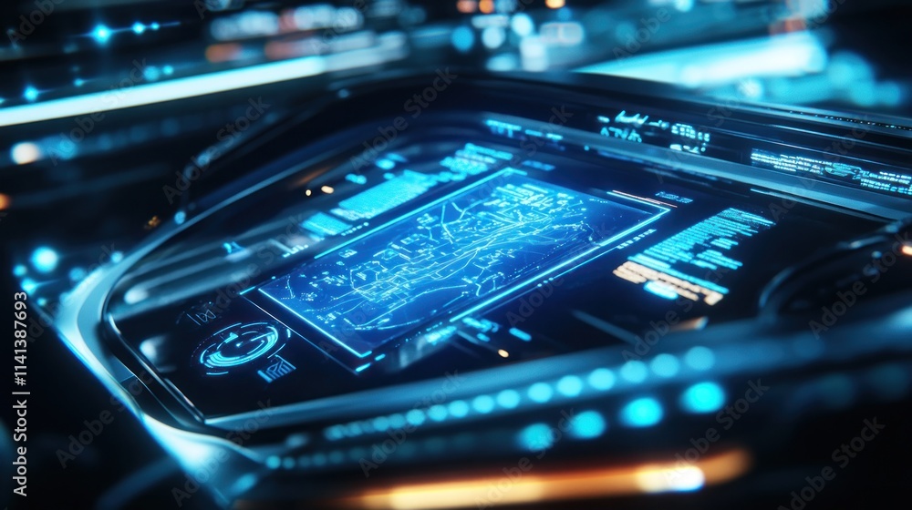 Obraz premium Futuristic cockpit screen with blue digital interface.