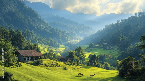 Wallpaper Mural Serene landscape with rolling hills, horses, and a cozy house amidst lush greenery. Torontodigital.ca