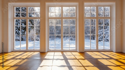 Winter Wonderland View through Two Large Windows Cozy Interior Daylight Serene Environment