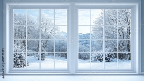 Winter Wonderland View from Two Large Windows Cozy Interior Snowy Landscape Tranquil Atmosphere Serene Viewpoint