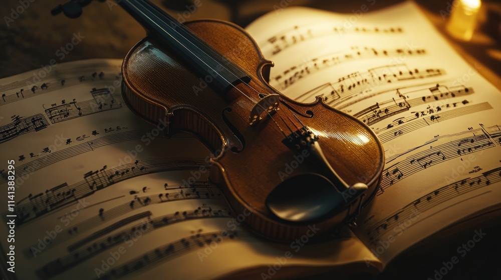 Fototapeta premium Violin and Sheet Music in Warm Light