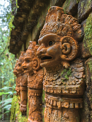 Jungle Temple Carved Stone Faces, Mossy Wall, Indonesia, Travel Poster.