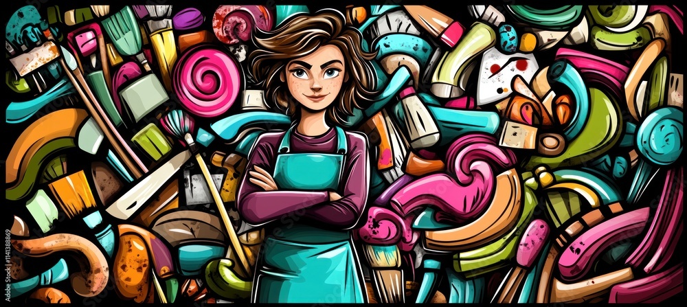Fototapeta premium Artist with tools in colorful design.