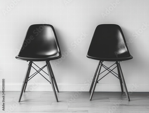 Minimalist Design Two Black Chairs Against White Background Modern Furniture Indoor Space Simple Aesthetics