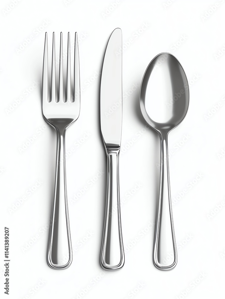 A set of silver cutlery including a fork, knife, and spoon, arranged neatly on a white background, ideal for dining settings. A set of silver cutlery including a fork, knife, and spoon, arranged neatly on a white background, ideal for dining settings.