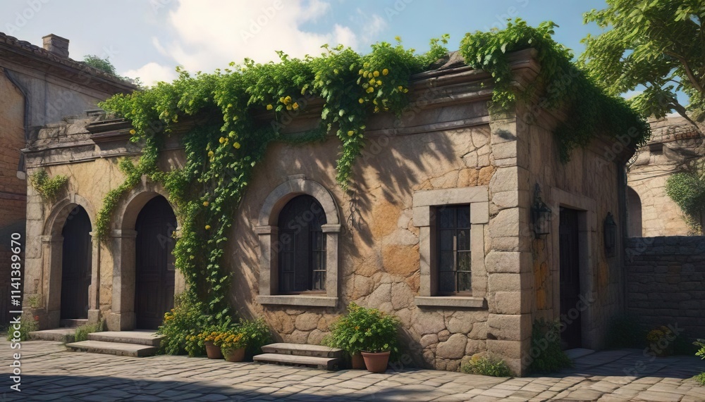 Old stone building with ivy covered walls and a lemon tree on the rooftop, flowers, grunge Old stone building with ivy covered walls and a lemon tree on the rooftop, flowers, grunge