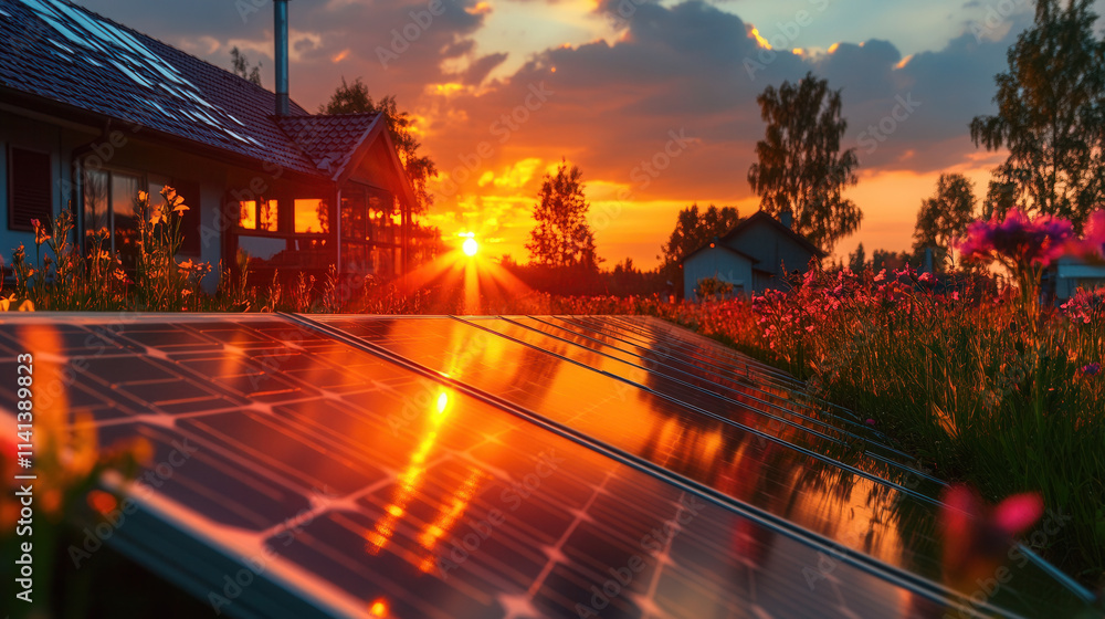 Obraz premium solar panel reflecting vibrant sunset over flower filled landscape, showcasing renewable energy in harmony with nature