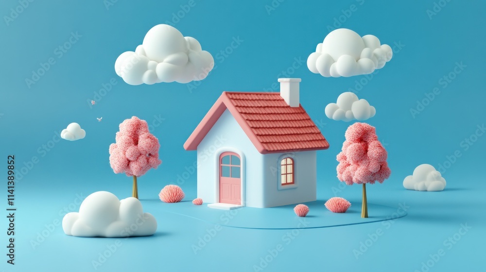 custom made wallpaper toronto digitalCute pastel house with cloudscape and trees.