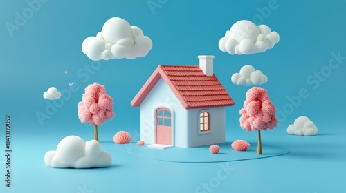 Wallpaper Mural Cute pastel house with cloudscape and trees. Torontodigital.ca