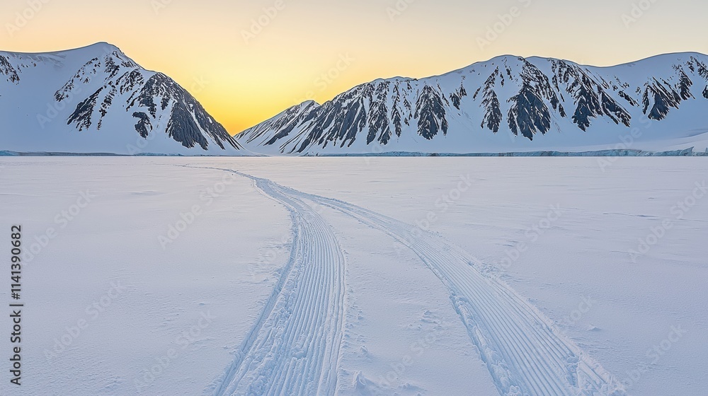Winter adventure snowmobile tracks in frozen wilderness at sunrise scenic landscape photography