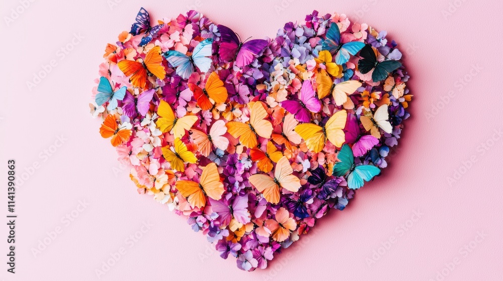 Colorful butterfly heart arrangement on pink background artistic photography emotional design Colorful butterfly heart arrangement on pink background artistic photography emotional design